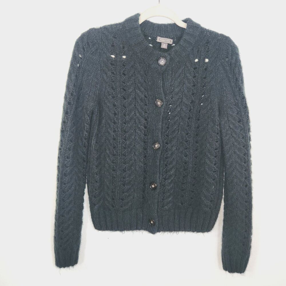 Point Sur J Crew Green Open Knit Wool Mohair Blend Cardigan Dark Green SMALL